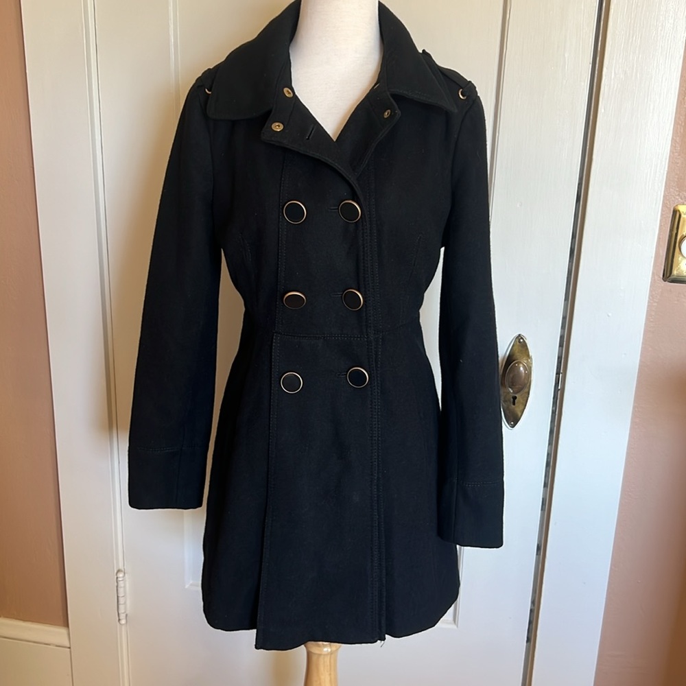 Waisted pea coat with pleated skirt